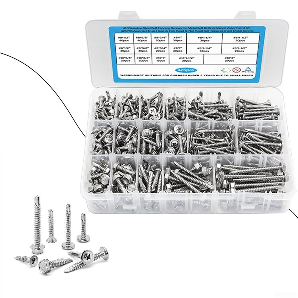 425PCS 410Stainless Steel Vite autoperforante, testa svasata Pan Head Hex Head Autofilettanti Auto-foratura Viti Set