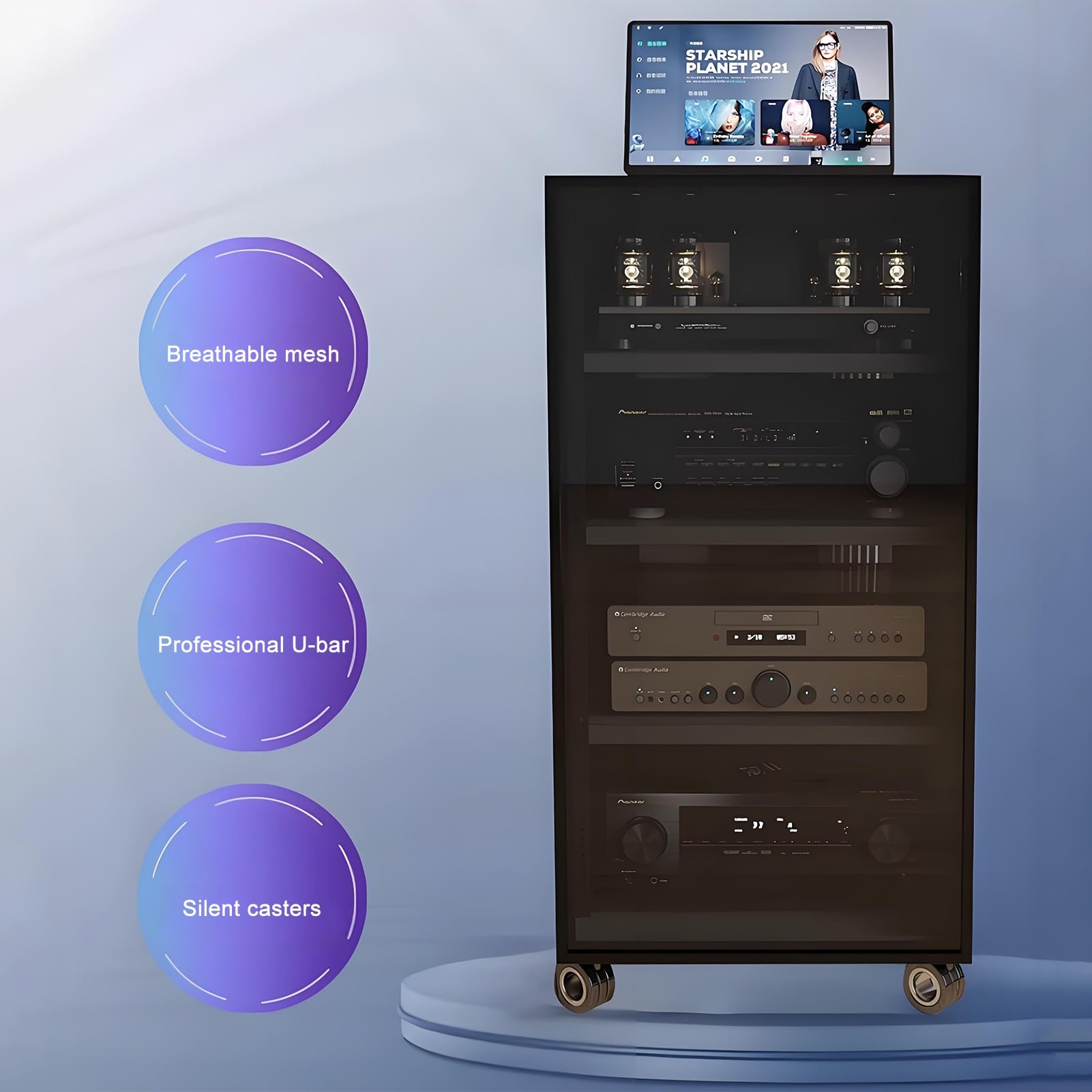 Stojak na sprzęt audio, nowoczesny stojak na sprzęt audio-video z regulowanymi półkami, drzwiami ze szkła hartowanego i systemem zarządzania kablami, ruchomy stojak na sprzęt audio-video 360°(W