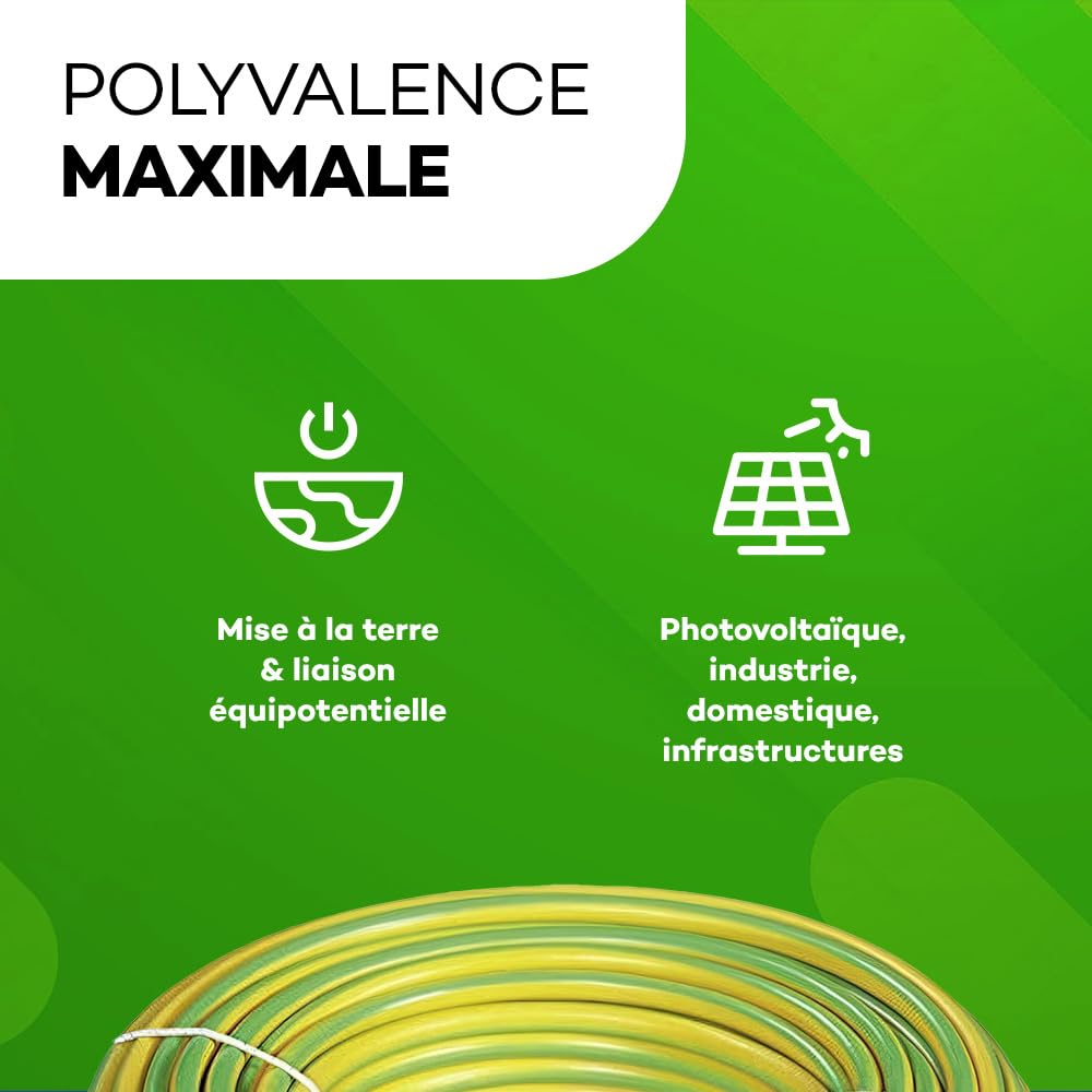 Câble de terre 6mm² - H07V-K Vert/Jaune - Longueur 25m - Souple & Robuste - Spécial Photovoltaïque, Mise à la Terre & Usage Intensif - Résistant Eau, Flammes & Produits Chimiques