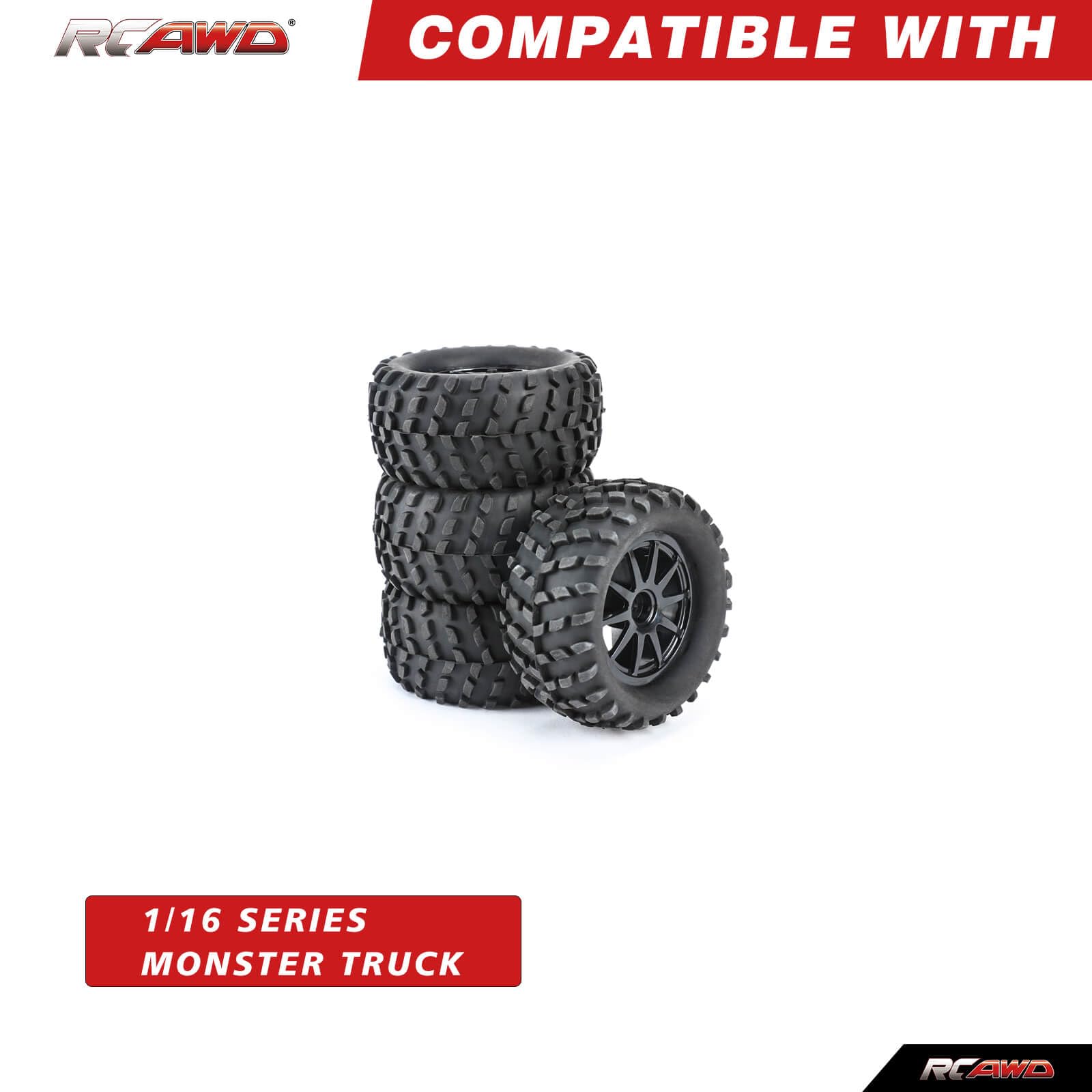 RCAWD 30% Upgrades 12mm Hex Adapter Wheel Tire Set Pre-Glued for 1/16 1/18 Monster Truck Rubber Nylon with Foam Inserts Parts for Hosim 2845 LG-007BL