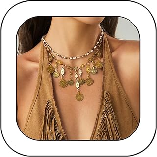 Boho Coin Charm Necklace for Women Layered Gold Coin Beaded Pendant Necklace Pirate Necklace Chunky Coins Tassel Ethnic Gypsy Costume Accessories