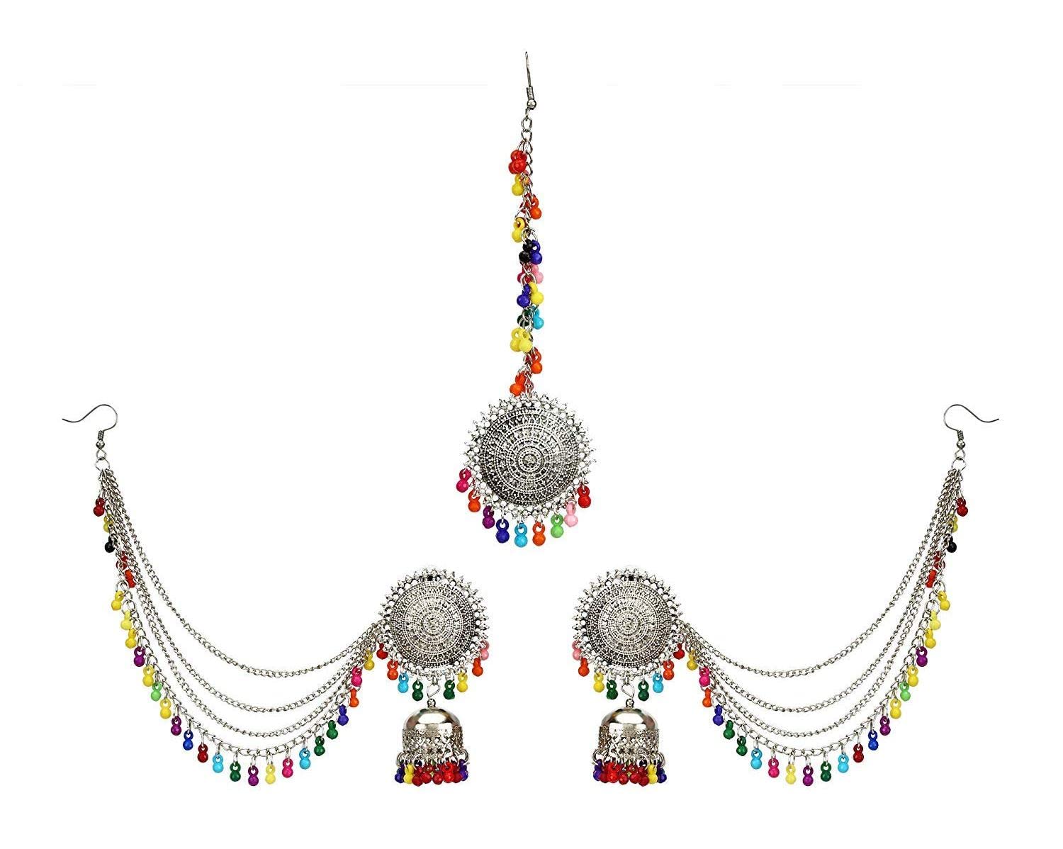Molika Womens Oxidized Silver Metal Maang Tikka with Earrings Jewellery Set (Multi) (B0BY54MMT6) Amazon Price History, Amazon Price Tracker