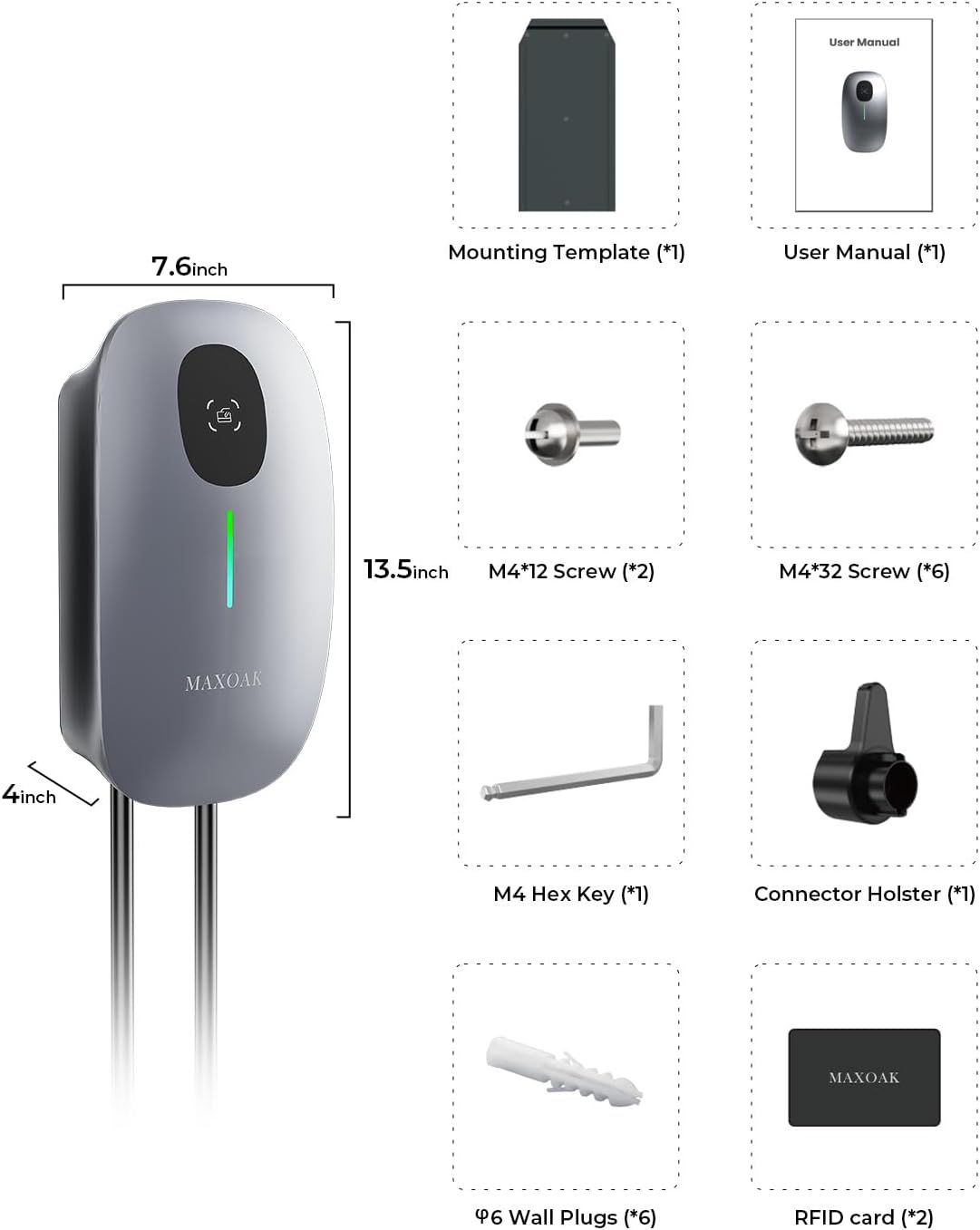 MAXOAK Electric Vehicle Charger - Adjustable 16A to 50A Output Current, Level 2, 240V, Hardwired, CSA Certified & NEMA Type 4, Smart APP Control, Compatible with All EV Brands
