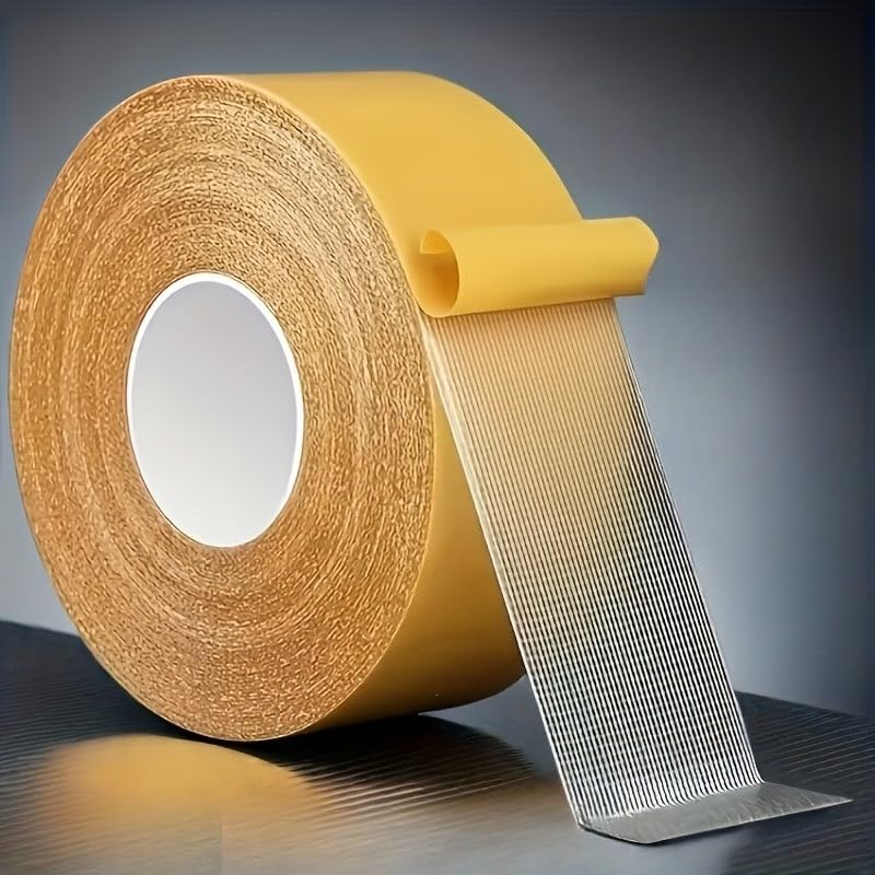 Double-Sided Tape, 32 Feet Long - Residue-Free Transparent Fabric Mesh Tape for Carpets, Hardwood Floors, Posters, Walls, and Doors, Removable Adhesive for Both Office and Home Use
