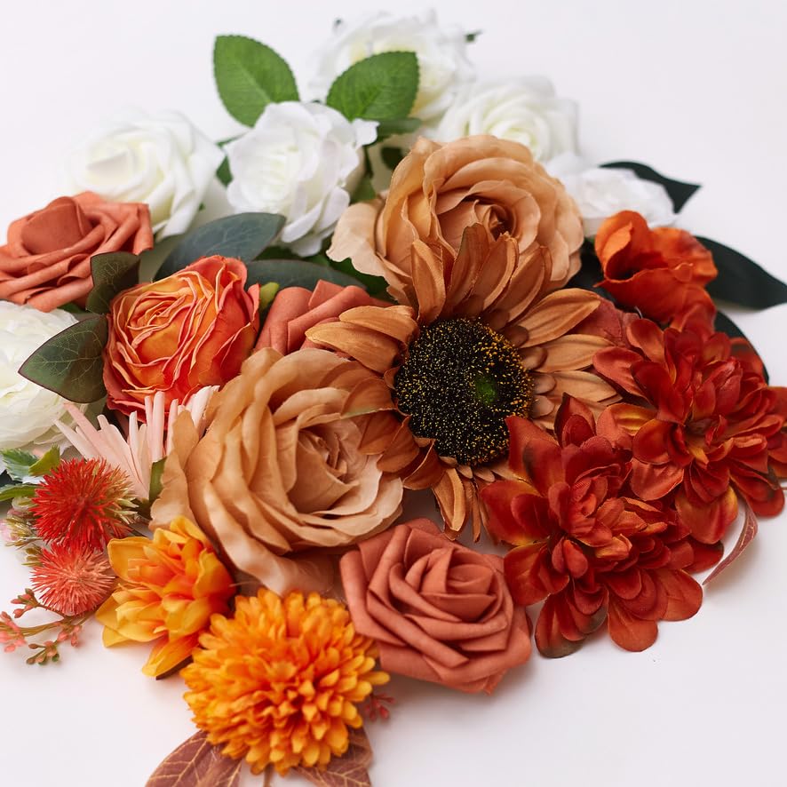 The Baked Studio - Artificial Silk Flower Heads & Foilage for Cake Decorating Weddings & Crafts (White, Orange & Burnt Orange) - Image 3
