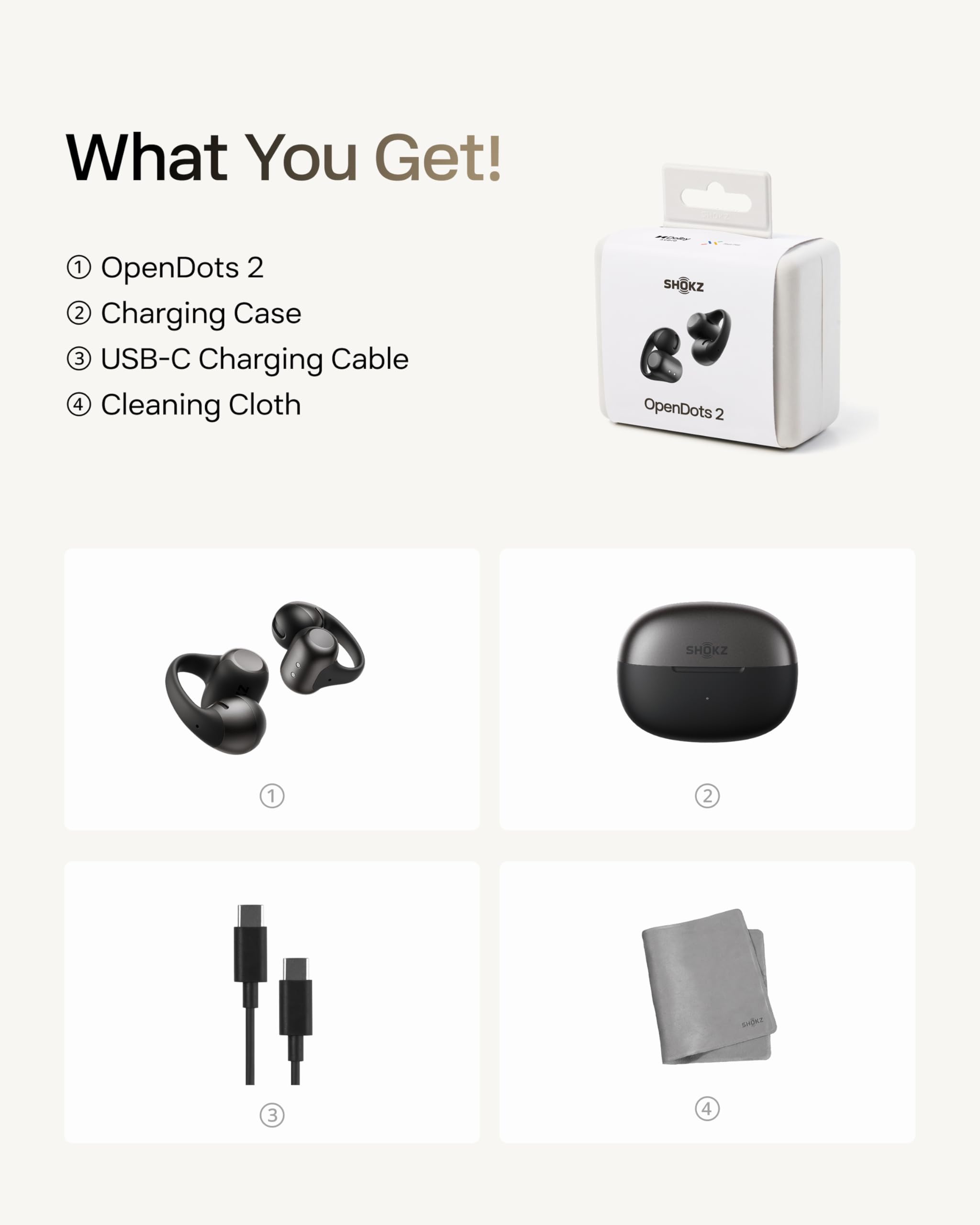 SHOKZ OpenDots 2 auricolari open-ear clip-on, Dolby Audio - Nero | bassi profondi, riproduzione 40 h, Bluetooth 6.1, impermeabili IP57, riduzione rumore AI, ricarica rapida wireless