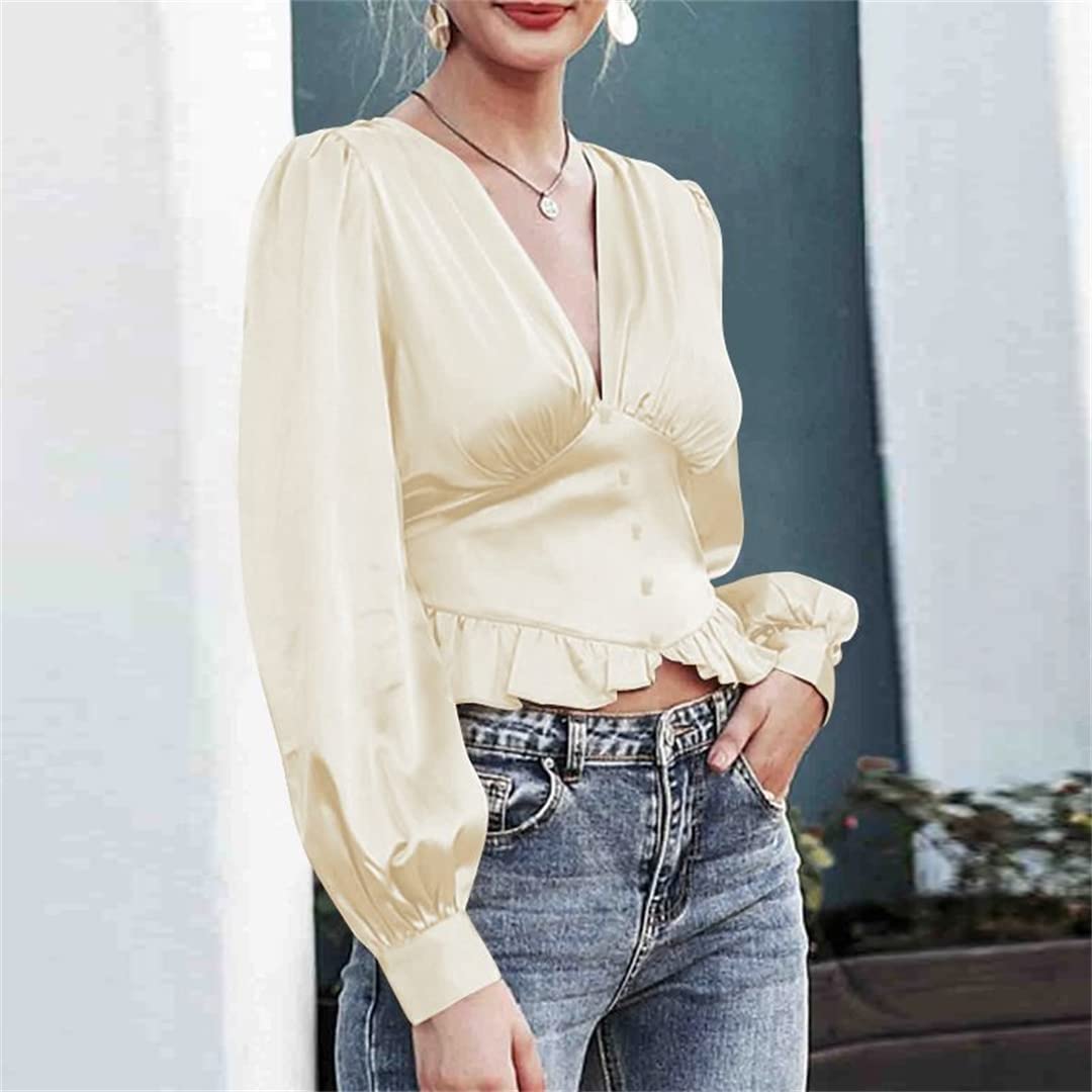 Femmes Soie Satin à Volants Chemise été bouffée à Manches Longues col en V Tuniques décontracté Ample plissé Blouses Black L