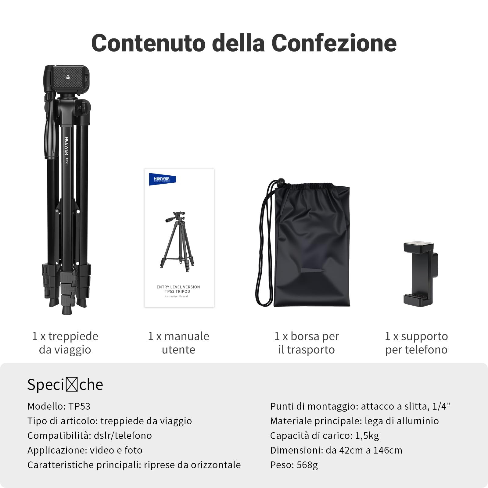NEEWER ENTRY LEVEL VERSION Treppiede per Telefono e Fotocamera, Cavalletto da Viaggio Portatile Leggero Metallico con Supporto Cellulare a Cold Shoe Compatibile con iPhone per Riprese Video Film, TP53