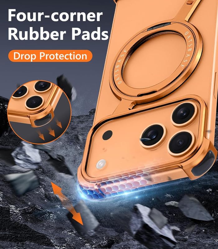 Image of Z Shaped Frameless Metal Bumper Compatible with iPhone 17 Pro Max with 360 Rotate Ring Kickstand | Luxury Aluminum Armor Case | Super Slim Metal - Orange Titanium