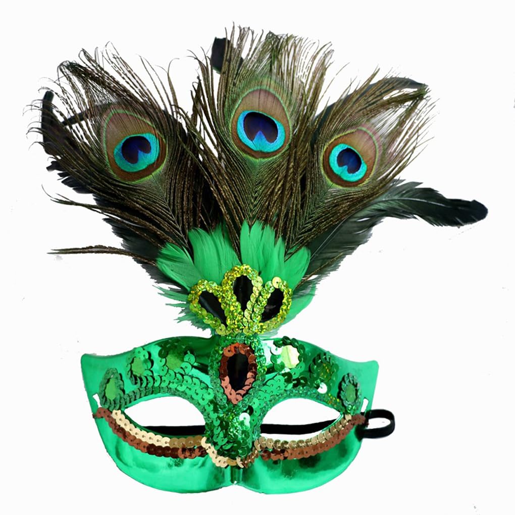 OhMill Halloween Peacock Masquerade Women Halloween Party Fancy Dress Semi Eye Mask With Feather Decoration Halloween Cosplay Ball Role Play Costume