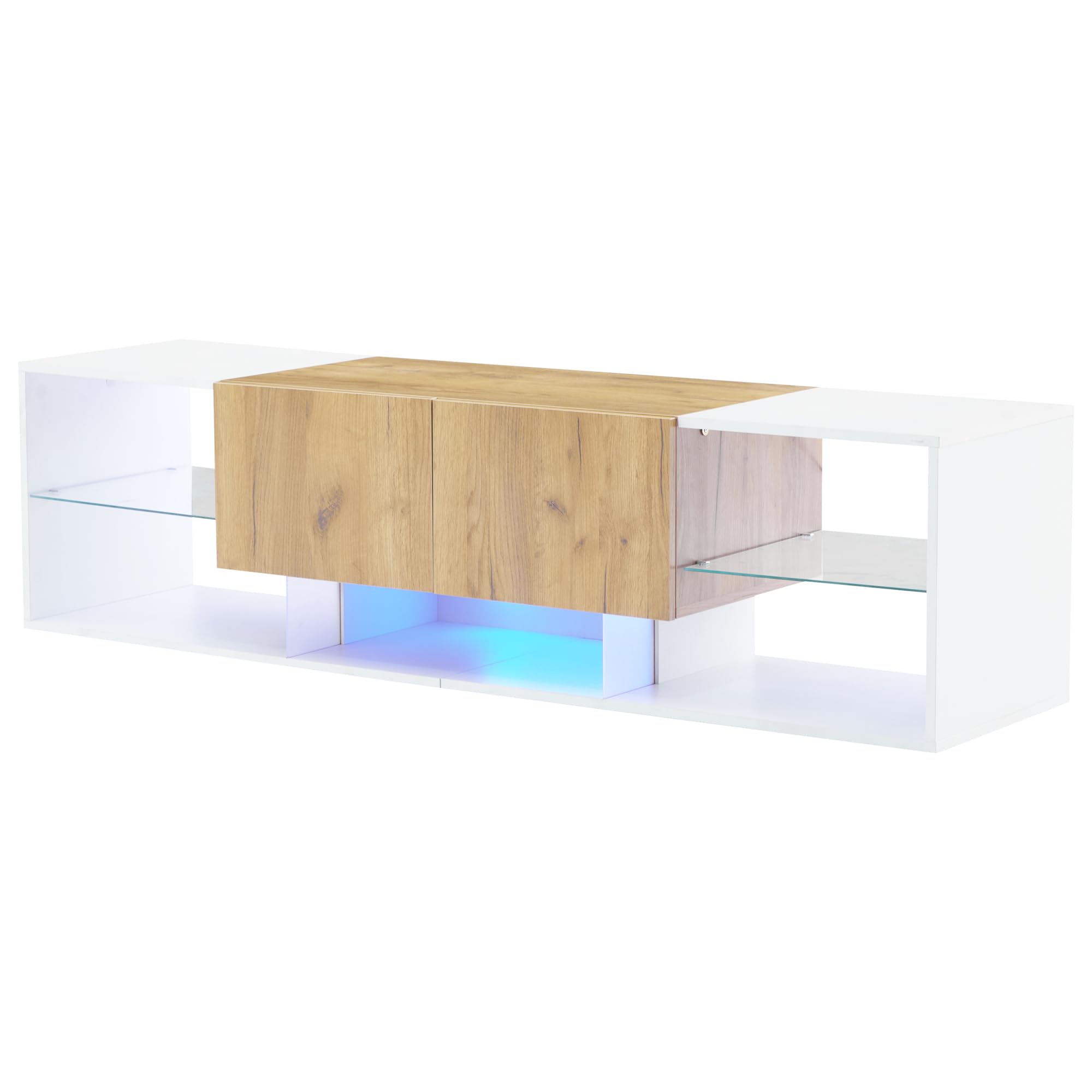 Meuble TV avec éclairage LED 2 tiroirs Rangement Ouvert Commode TV pour téléviseurs Jusqu’à 70 Pouces pour Salon Chambre à Coucher Table TV Blanc