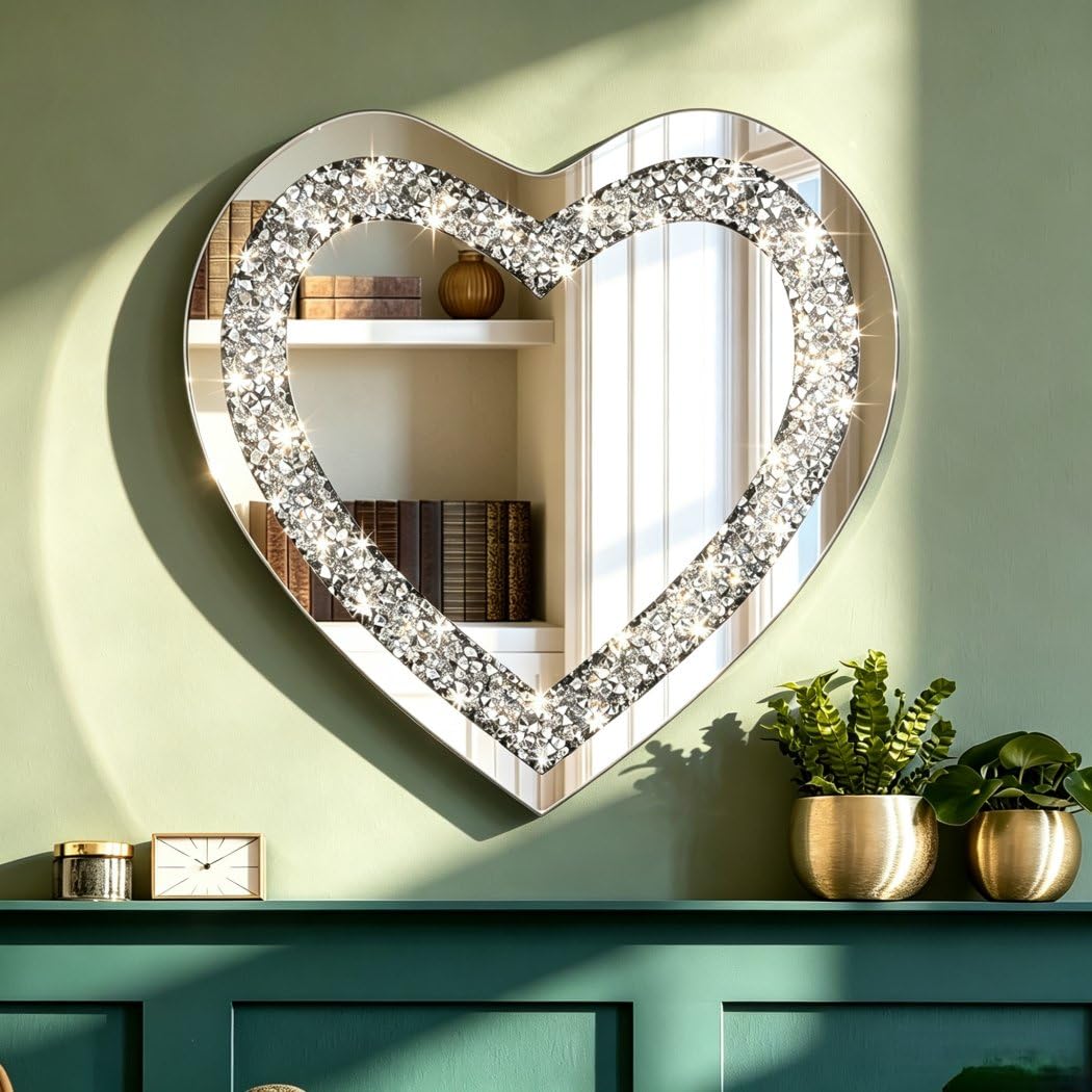 Dmdfirst White Crystal Crush Diamond Heart Shaped Silver Mirror For Wall Decoration 20X20x1 Inch Wall Hang Frameless Mirror Acrylic Diamond Décor.