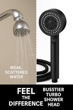 Busstier Turbo Duş Başlığı, Yüksek Basınçlı El Duşu, 5 Fonksiyonlu Duş Başlığı (Siyah Turbo Set)