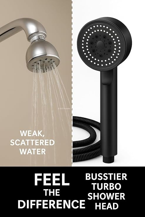 Busstier Turbo Duş Başlığı, Yüksek Basınçlı El Duşu, 5 Fonksiyonlu Duş Başlığı (Siyah Turbo Set)