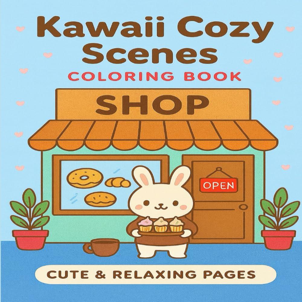 Kawaii Cozy Scenes Coloring Book: Cute Rooms, Shops, and Animals in Simple Line Art for Relaxation