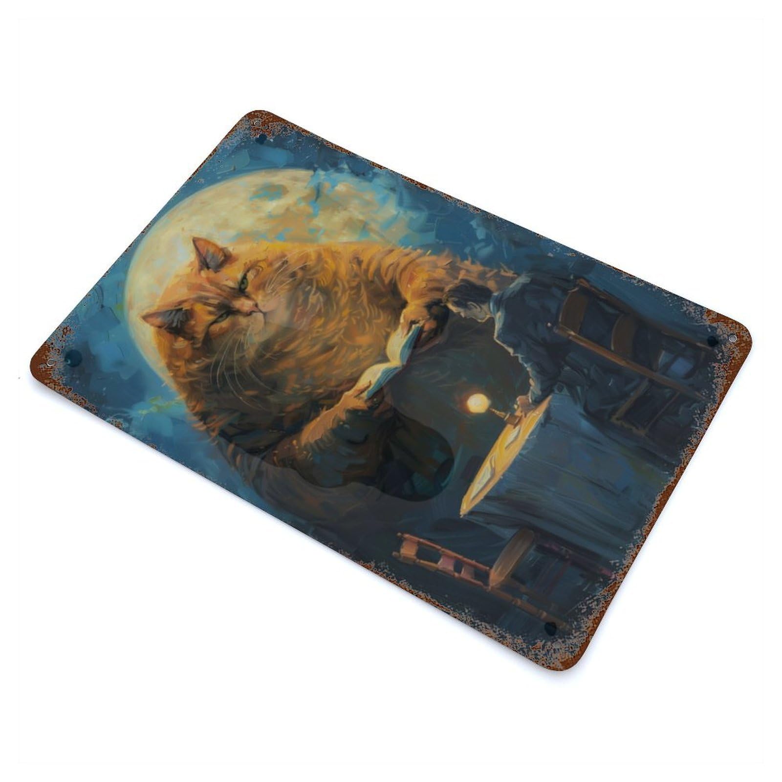 Garage Style Colossal Cat Aged Metal Wall Plaque 11.8"x7.9", Farmhouse Wall Decor for Bar And Workshop