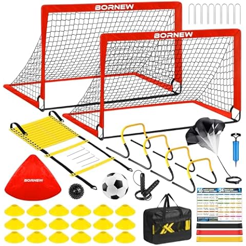 Kids Soccer Goal and Agility Speed Training Equipment Set - 20ft Speed Ladder, 12 Cones, 4 Adjustable Hurdles, Jump Rope, Parachute, 3 Resistance Bands | Ideal for Basketball, Football, Soccer Cover