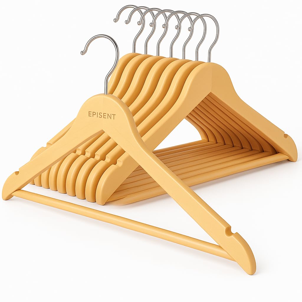 EPISENT Premium Wooden Coat Hangers – 100 Pack Durable Natural with 360° Swivel Hook - Non-Slip Trouser Bar & Shoulder Notches - Space-Saving Wood Hangers for Wardrobe, Coats, Jackets, Suits, Dresses