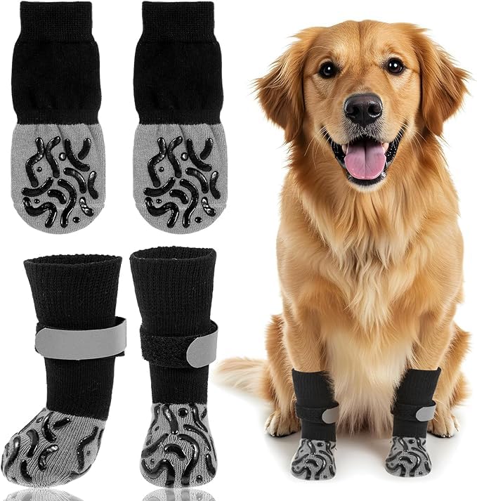 Image of KUTKUT 4Pcs Non Slip Dog Socks to Prevent Licking Paws, Strong Traction for Hardwood Floors, Senior Dogs, Paw Protector, Prevent Scratching, Double Sides Anti Slip Dog Socks(Size:- L: L*W: 18cm*7cm)