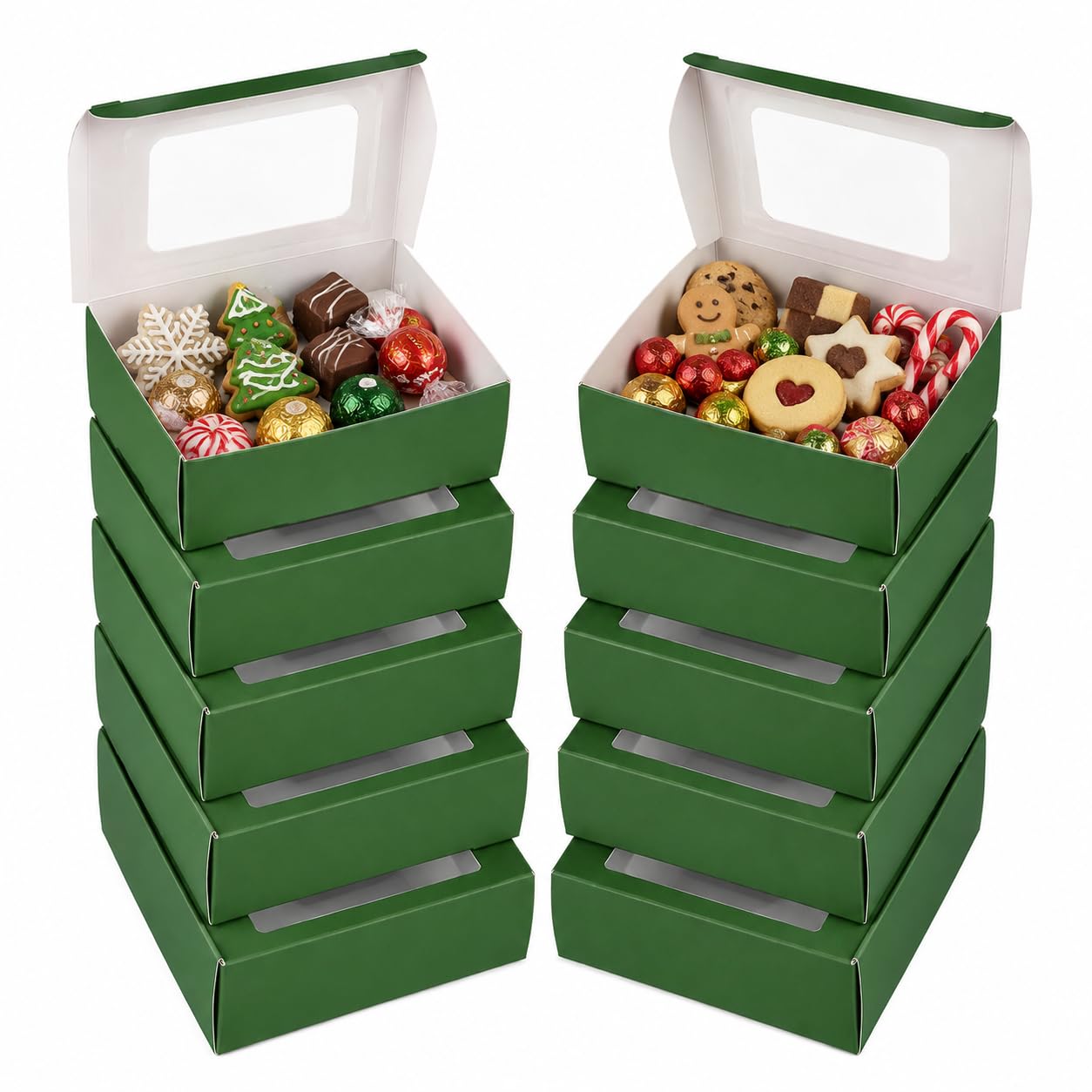 10Pcs Green Candy & Treat Boxes with Clear Window, Christmas Treat Boxes
