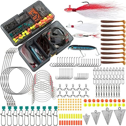 Dr.Fish 269 Pieces Surf Fishing Tackle Box Kit, Saltwater Ocean Beach Fishing Gear Supplies, Lure&Rig Accessories, Bucktail Jigs Saltwater Lures Walking Bait Surf Casting Pyramid Sinkers