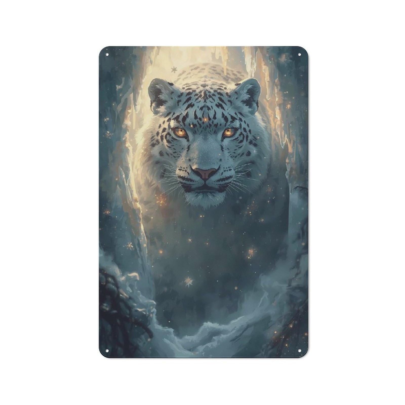Junmoney Snow Leopard Portrait In Winter Cave For Living Room Or Hallway, Rustic Metal Sign 30X20cm, For Home Interiors, Feature Walls And Decorative Displays