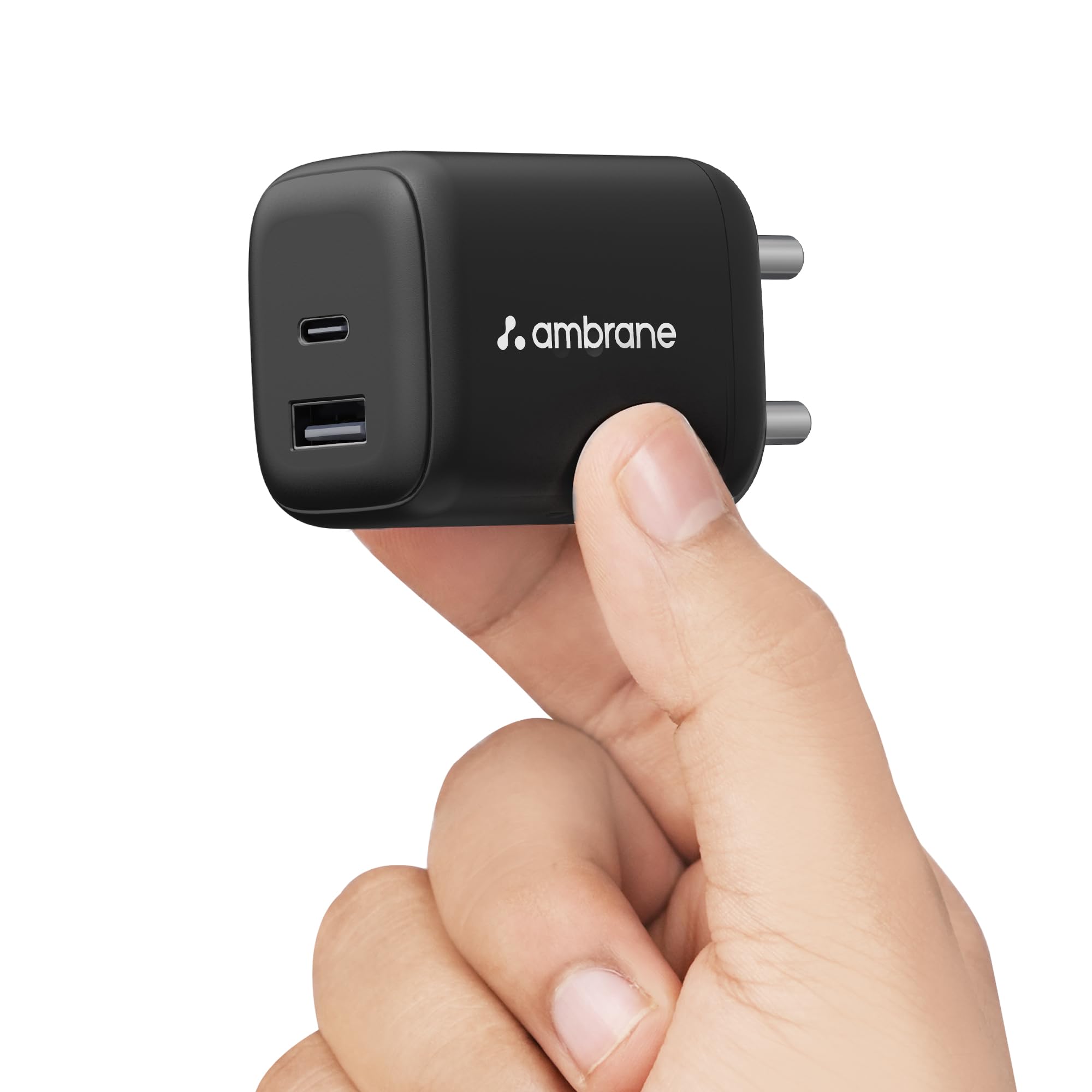 ambrane 45w dual port gan charger, usb & type c port with qc & pd technology compatible with macbook & type-c laptop charging, iphone, ipad, samsung, redmi, mi, oneplus, oppo, vivo (charge 45, black)