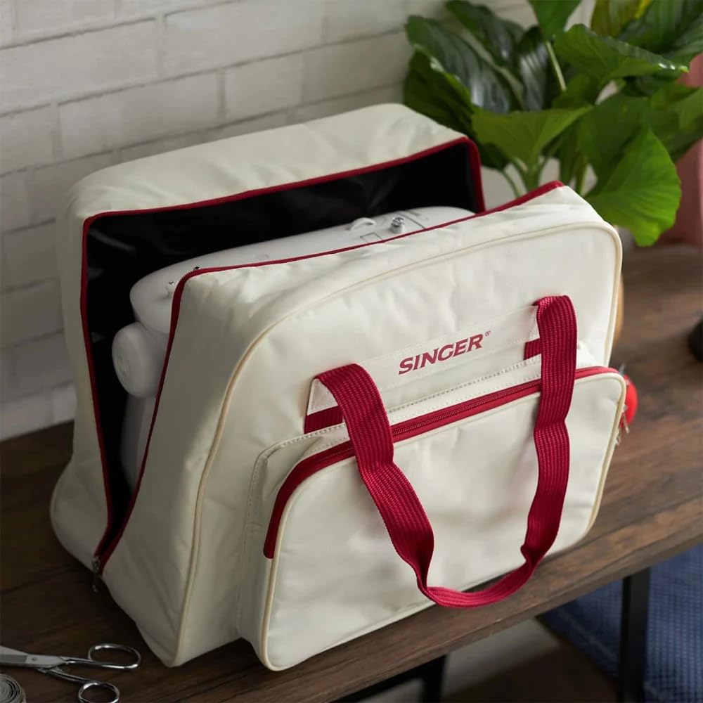 Borsa per macchina da cucire Singer semirigida in tessuto, con tasca accessori, color panna, 45 x 25 x 33 cm