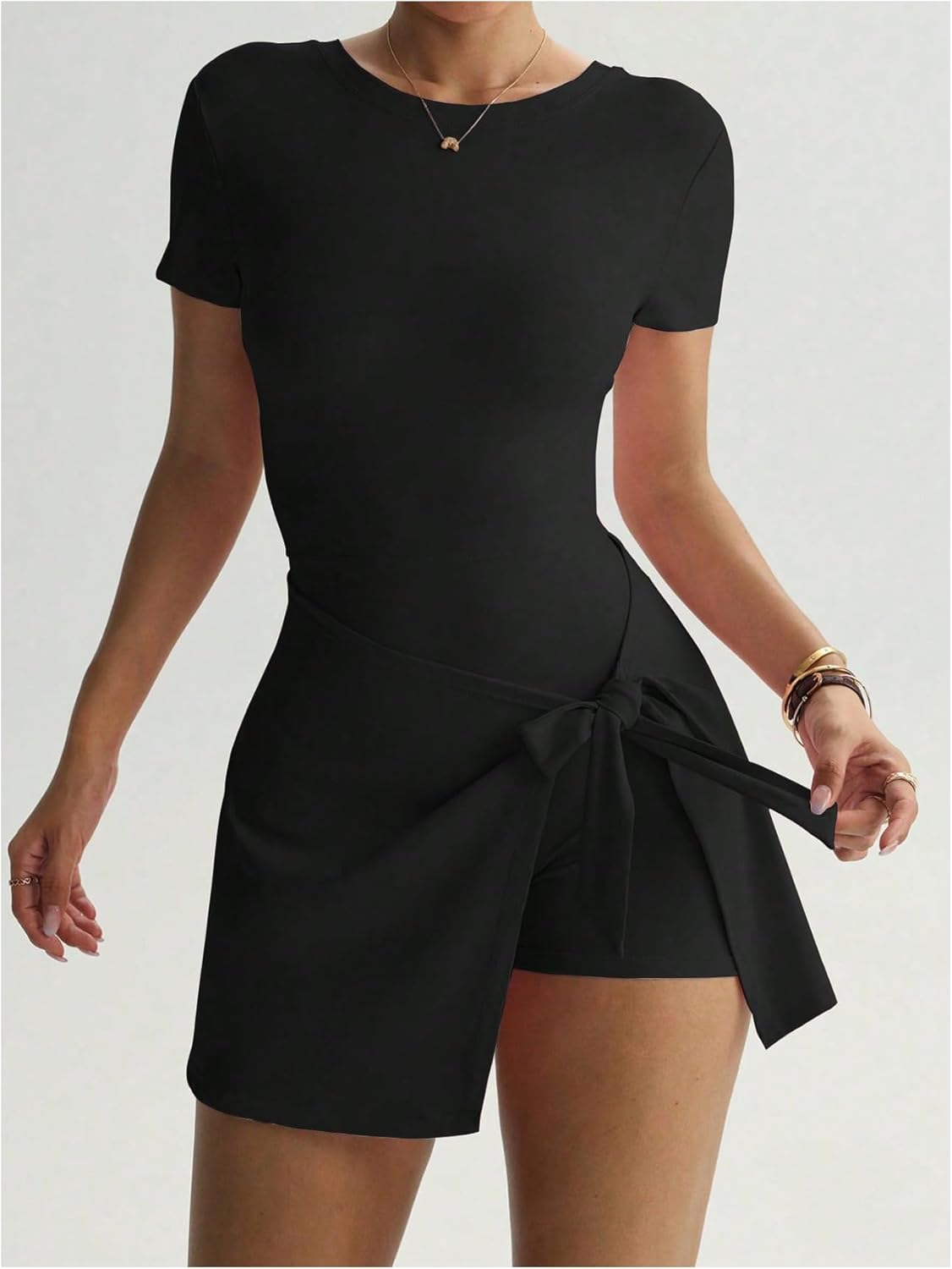 Milumia Women's Short Sleeve Open Back Bodycon Tie Waist Romper Athletic Casual Mini Dress Built in Shorts - Image 4