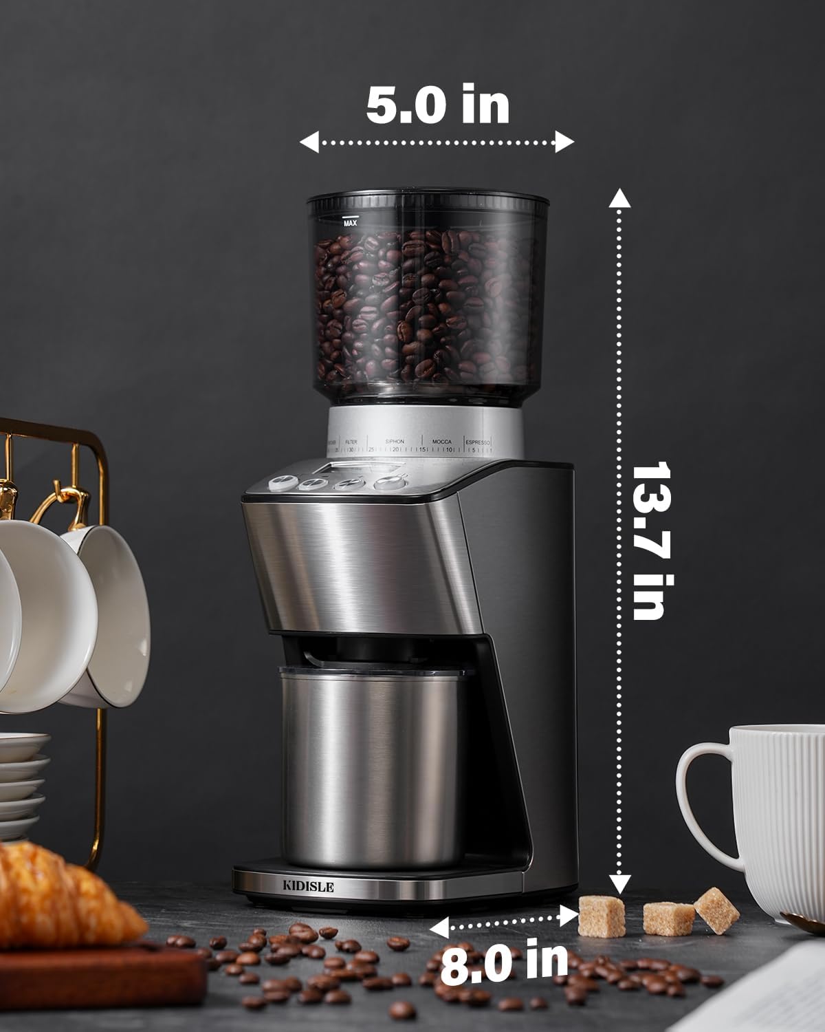 KIDISLE - Molinillo de café cónico eléctrico, molinillo de café para uso doméstico, molino de rebabas con 51 ajustes de molienda, temporizador electrónico de precisión, recipiente de acero inoxidable