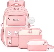 Amythe 3-Piece Girls' Elementary School Backpack, Set of 6 – 12 Years with Lunch Bag and Pencil Case, Girl Backpack for School-Pink