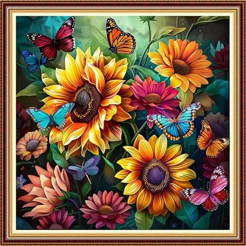 Image of Fanxvivy Stamped Counted Cross Stitch Kits for Adults Printed Cross-Stitch Patterns 11CT Stamped or Counted Cross Stitching Embroidery Kit Needlepoint Kits-Butterfly Sunflower 18x18 inch