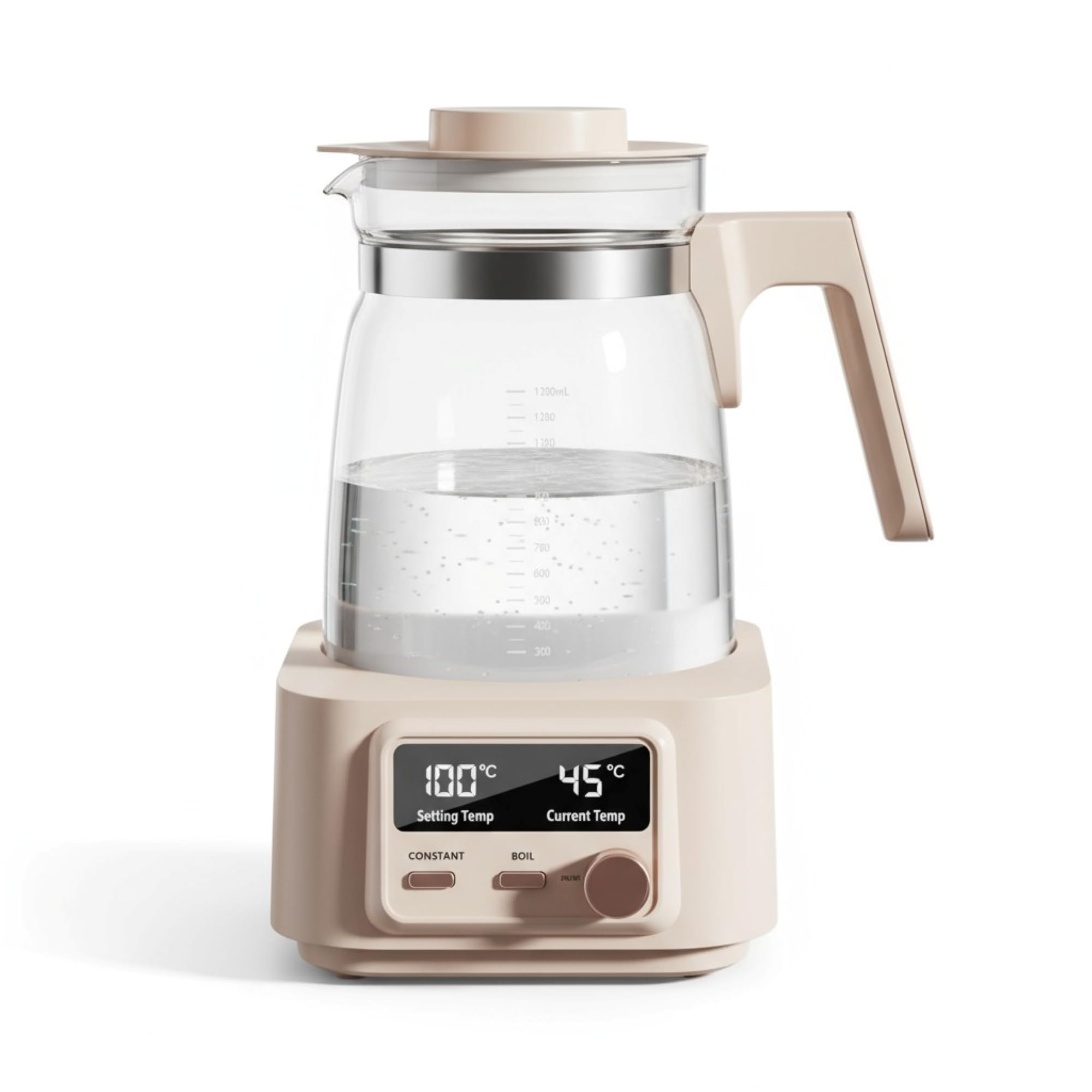 Babysmooth Smart Kettle Pro Electric Glass Kettle, 1.3L Capacity, Digital LED Display, Temperature Control 40-100°C, Auto Keep Warm Function, Silent Operation, Beige, for Tea and Coffee Brewing