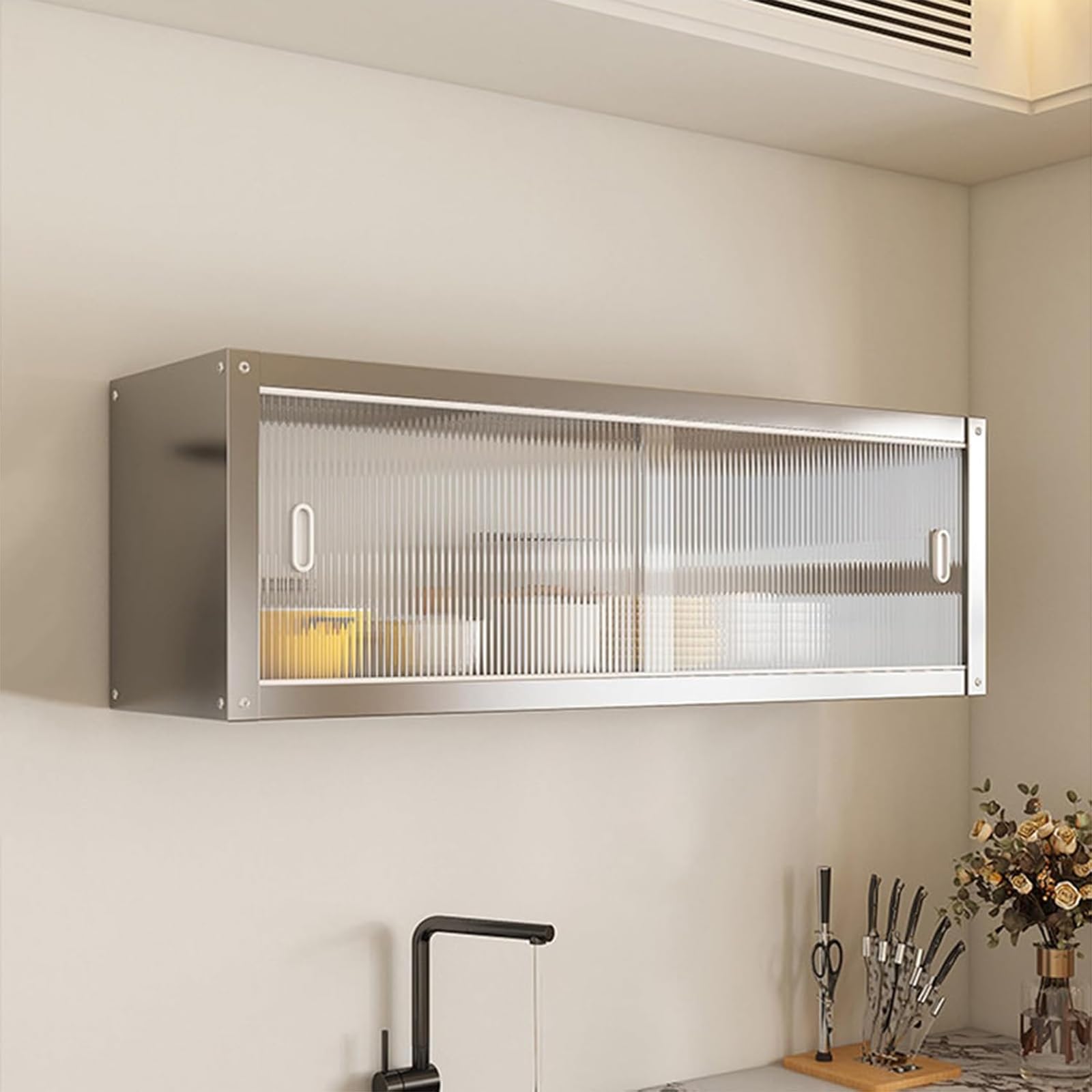 Armario De Cocina Armario Pared Acero Inoxidable con Puertas correderas (Unidad Mural suspendida) Transparentes Dos Opciones De Instalación Soporta hasta 25 Kg por Estante,70 * 30 * 40cm