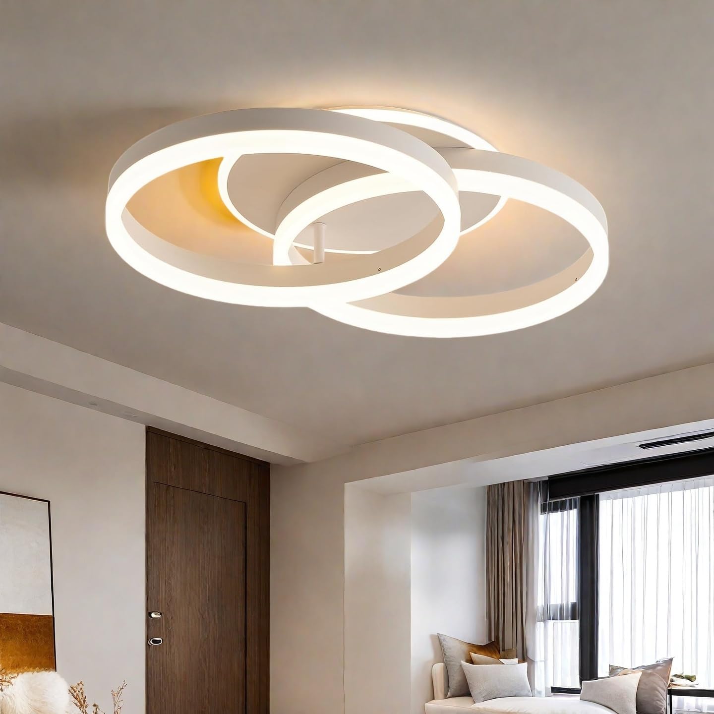 Plafón LED Moderno 2 Anillos 36W 3000K Luz Cálida, Sin Parpadeo, Material Acrílico, Iluminación para Salón, Dormitorio, Oficina, Ahorro de Energía 50CM