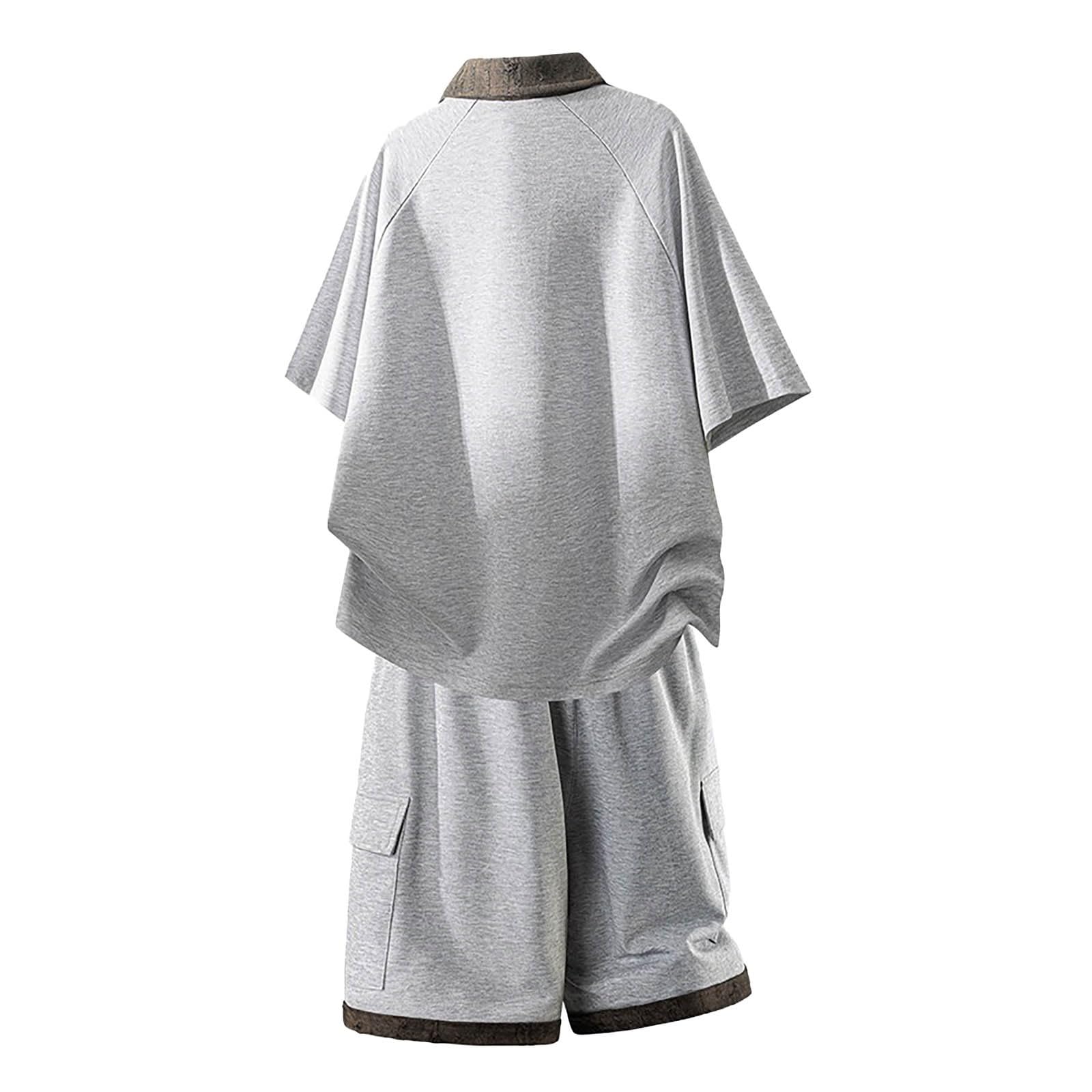 Tuta da jogging da uomo, due pezzi, polo e pantaloncini, con coulisse, estiva, per il tempo libero, abbigliamento sportivo, con risvolto, tuta da allenamento per attività all'aperto