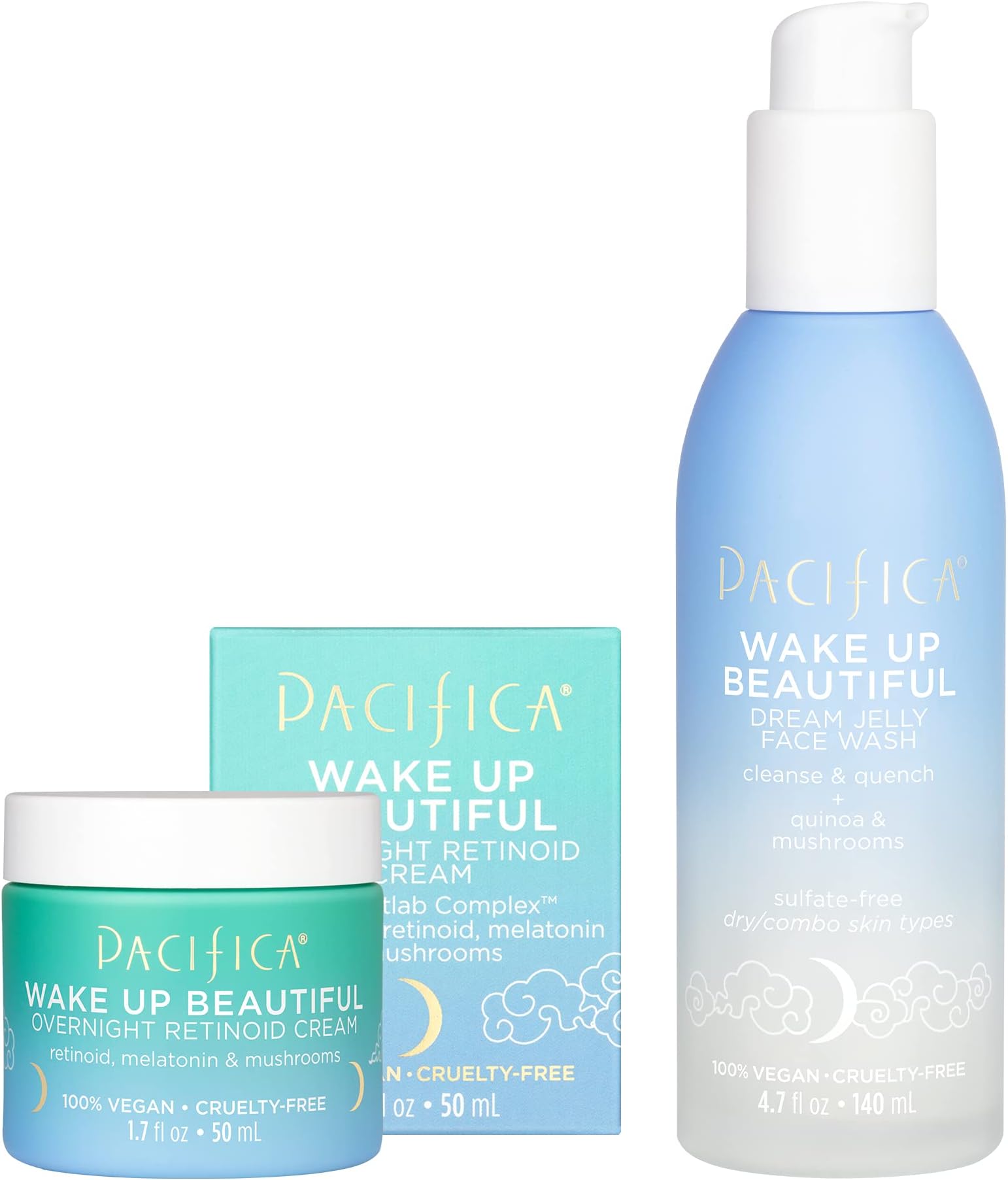 Pacifica Wake Up Beautiful - Dream Jelly Face Cleanser & Overnight Retinoid Cream for Dry, Aging Skin - Hyaluronic Acid, Melatonin, 2 Count