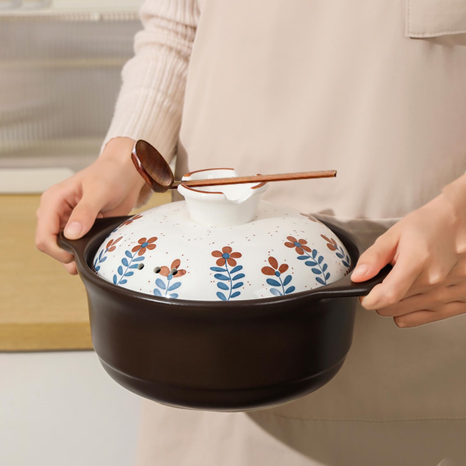 Pentole Casseruola con coperchio Grande Argilla for stufato rotondo resistente al calore manico Terracotta(5L/4.6Quarts)