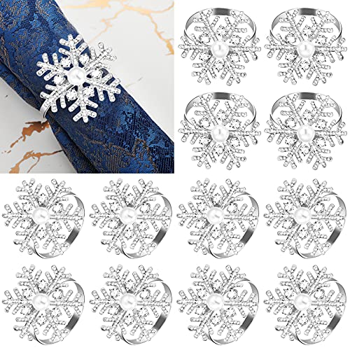 Snowflake Napkin Rings Xmas Christmas Napkin Holder Ring Christmas Snowflake Napkin Holder Metal Alloy Rhinestone Pearl Napkin Rings Serviette Buckle for Xmas Wedding Party Table Decor (Silver, 12)