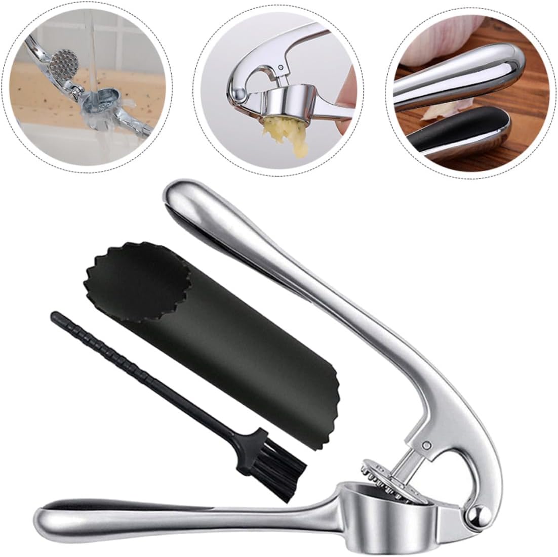 Zinc Alloy Garlic Press with Ergonomic Handle for Comfortable Hold Easy Clean Garlic Mincer with Uniform and Crusher Tool