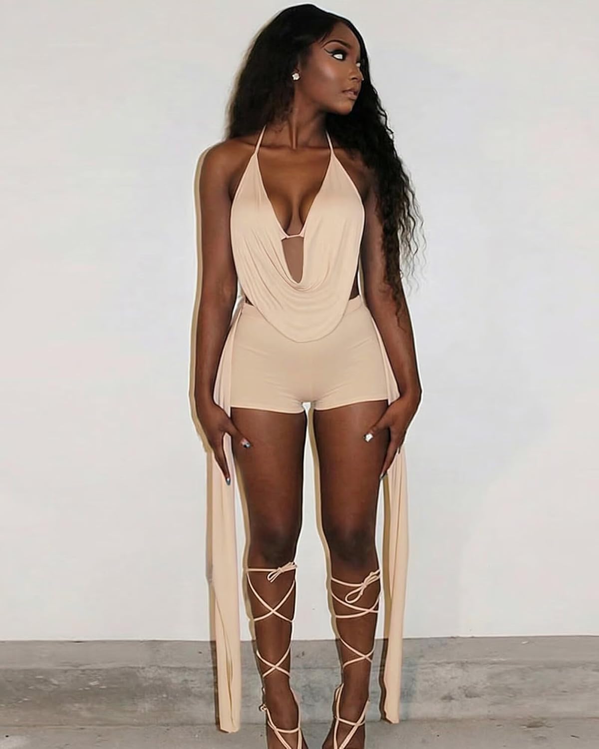 Ophestin Women Sexy Two Piece Outfits V Neck Halter Backless Bra Top Bodycon Shorts Side Ribbons Going Out Club Outfits - Image 6