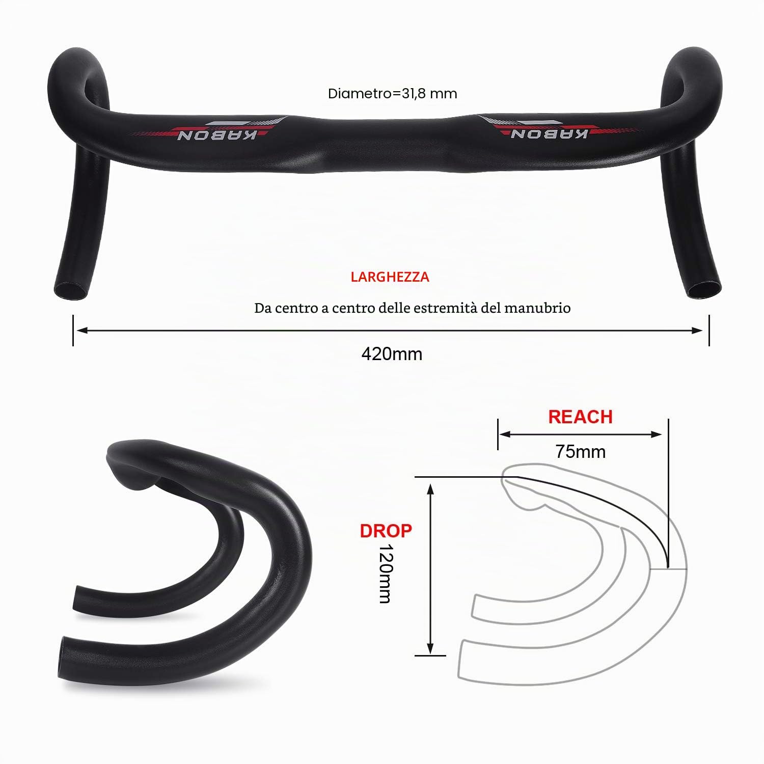 KABON Manubrio per bici da corsa, 31,8 mm, in alluminio, 400/420 mm