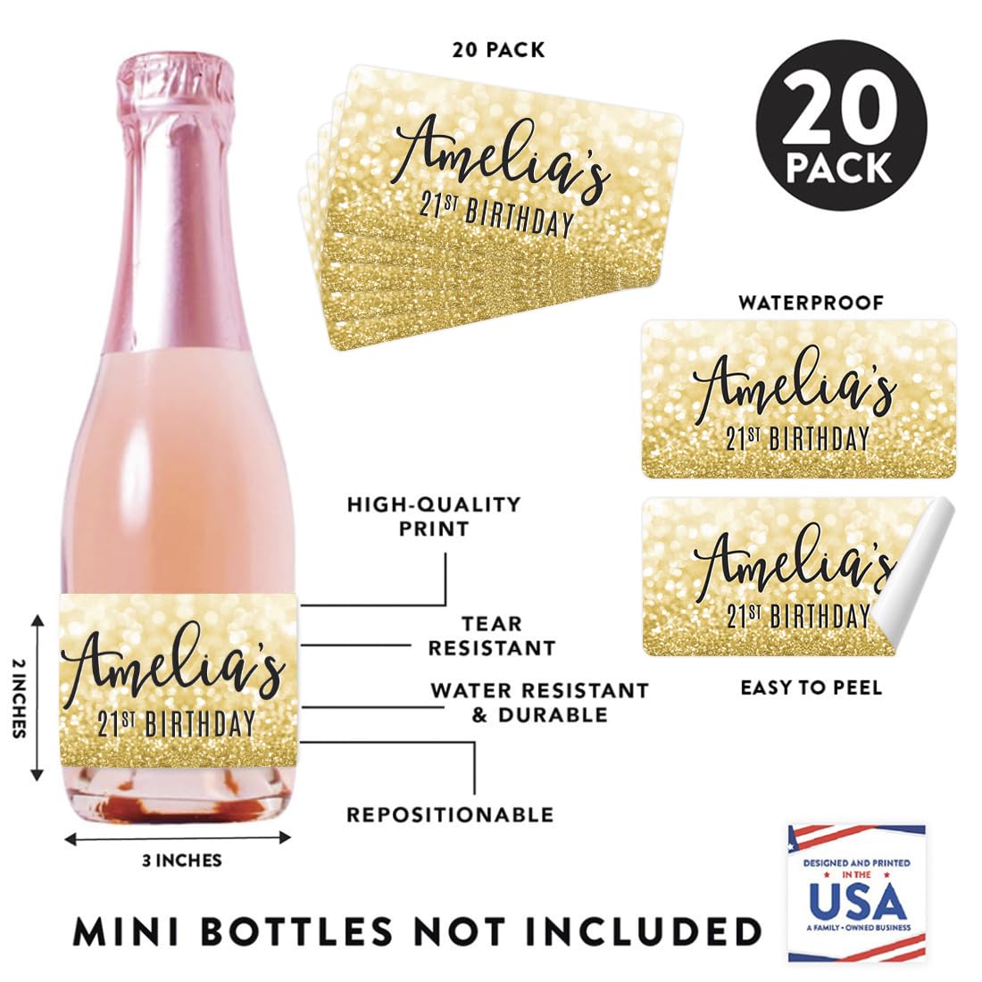 Andaz Press Personalized Birthday Mini Wine Labels for Bottles, Glitzy Gold Glitter 20-Pack Custom Mini Champagne Bottles Bulk Waterproof Mini Wine Bottle Labels Party Favors Adults Birthday
