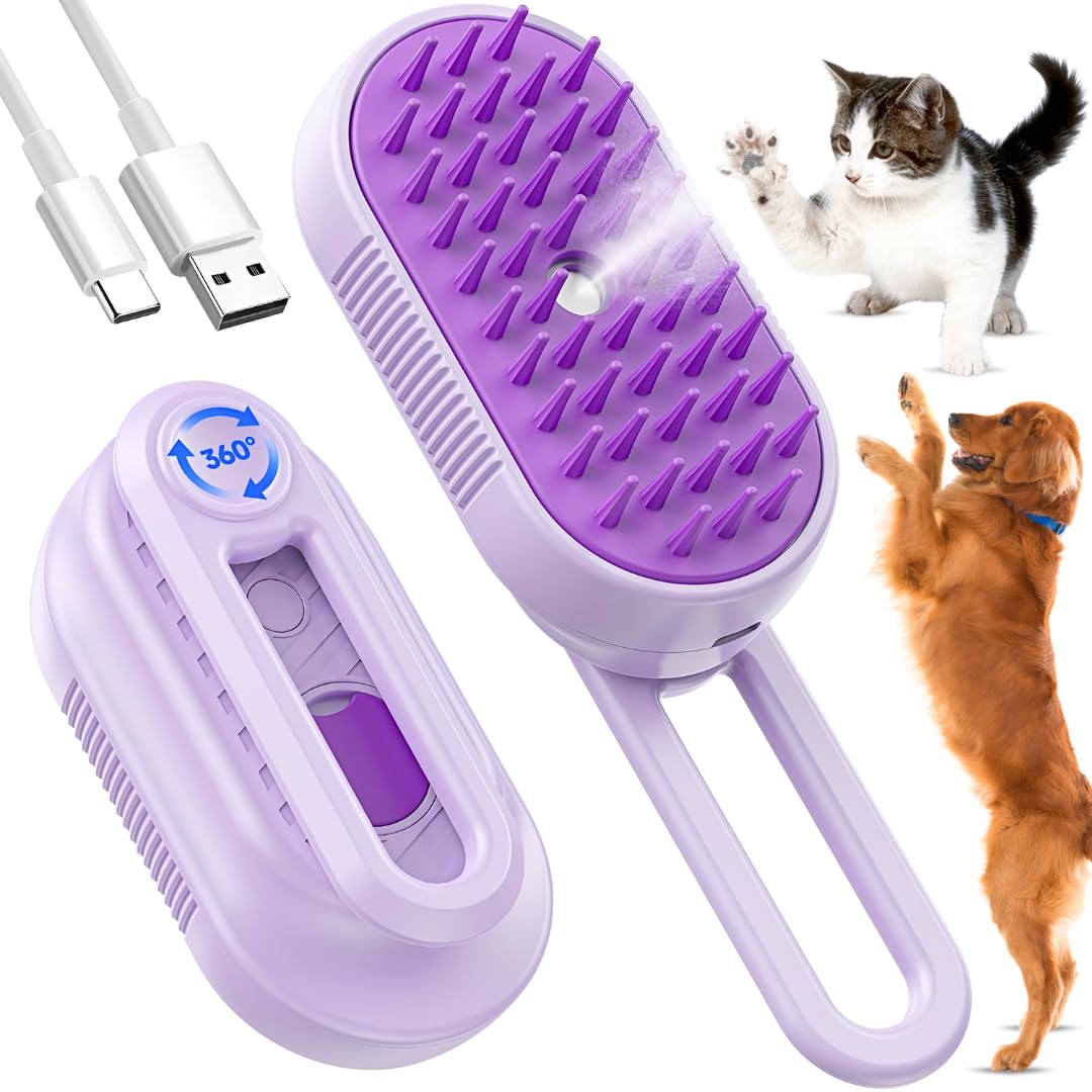 Cat Steamer Brush for Shedding, 4 in 1 Rechargeable Pet Grooming Brush for Cats and Dogs, Anti-Static, Massage, Cleaning and Styling with Gentle Steam, Removes Loose Hair and