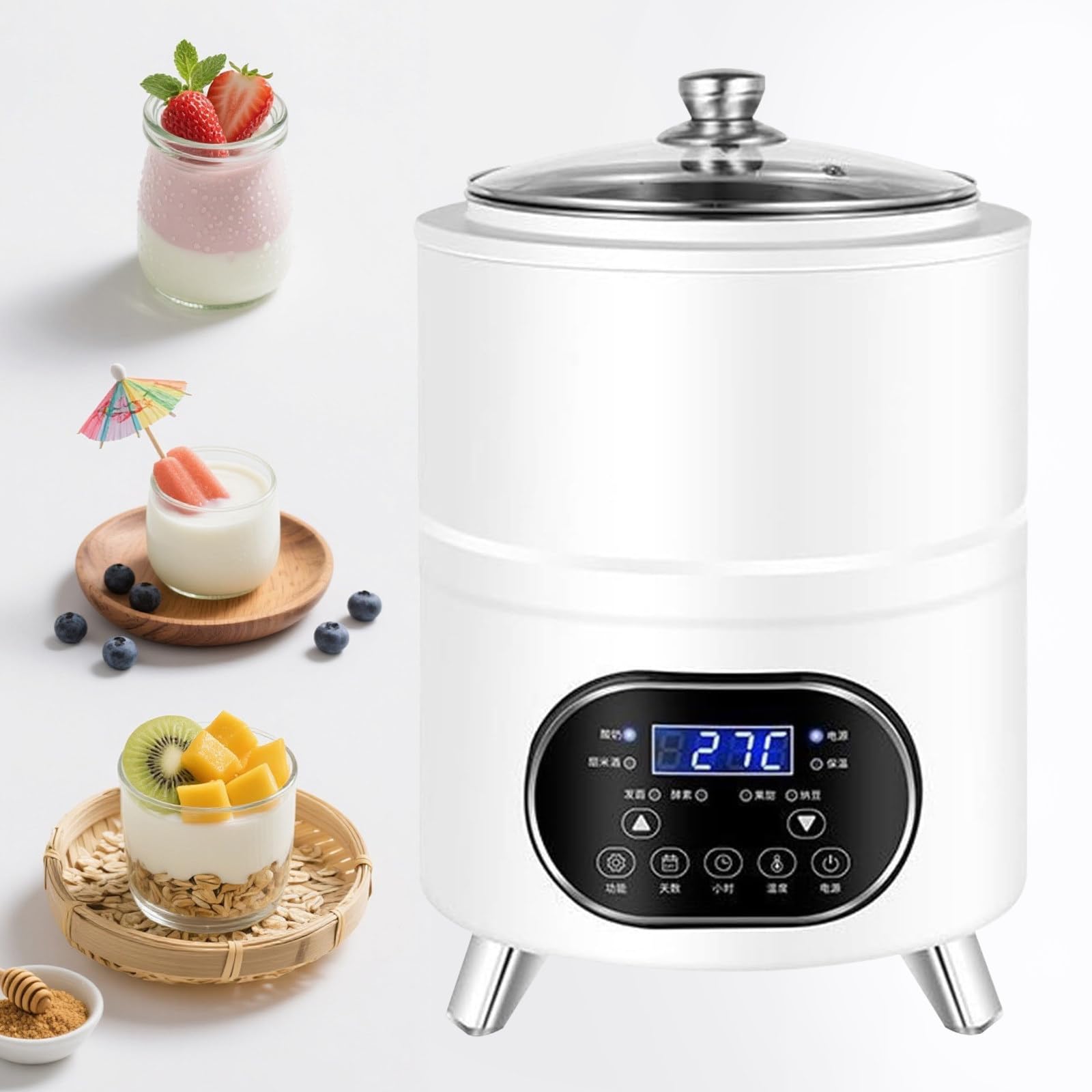 Máquina De Yogur Eléctrica 8L/12L, Calentamiento 360°, Yogurtera con Pantalla Digital, Control Preciso De Tiempo Y Temperatura, Ideal para Hacer Yogur Casero, Natto White-8L