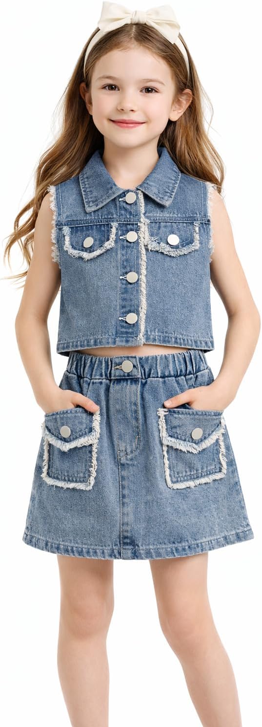 Deerhobbes Design your own Girls 2 Piece Denim Outfit – Jean Vest and Skirt Set, Casual Summer Clothes for Kids