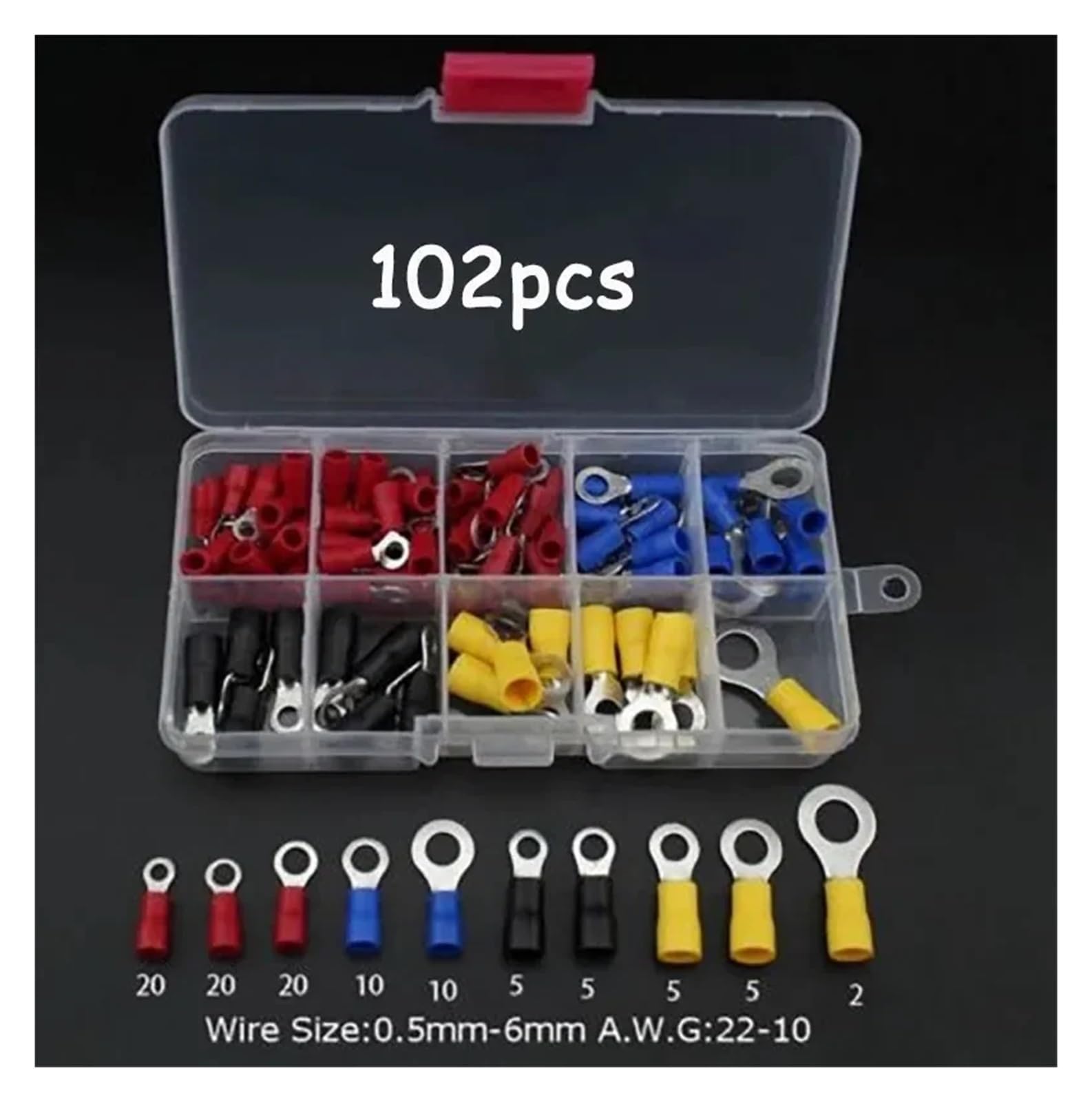 102PCS Ring Insulated Terminal Cable Wire Connector Electrical Crimp Terminal