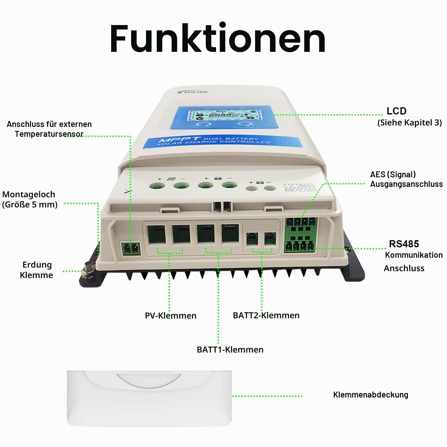 EPEVER® 20A MPPT Solarladeregler für zwei Batterien 12V/24V Automatisch mit LCD Display für Wohnmobil, Wohnwagen, Boot, Anhänger, geeignet für versiegelte, Gel, geflutete, Lithium Batterien - DR2210N