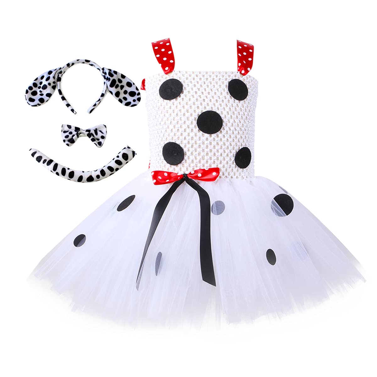 Kids Girls Dalmatian Dog Milk Cow Costume Tutu Dress Set with Ears Headband Bowtie Tail for Halloween Animals Dress up