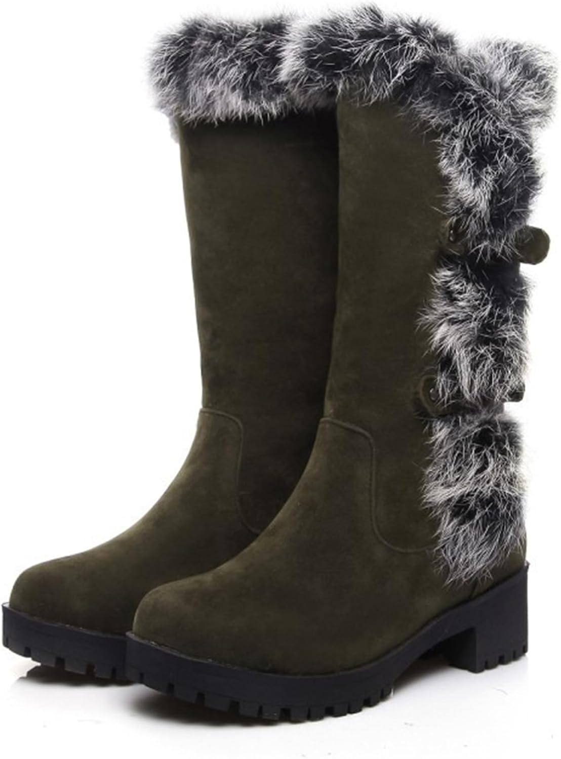 Women's Mid-Calf Winter Platform Hidden Wedge Boots Slip-on Thick Rabbit Fur Collar Warm Waterproof Stretch Leather Non-slip Snow Boot